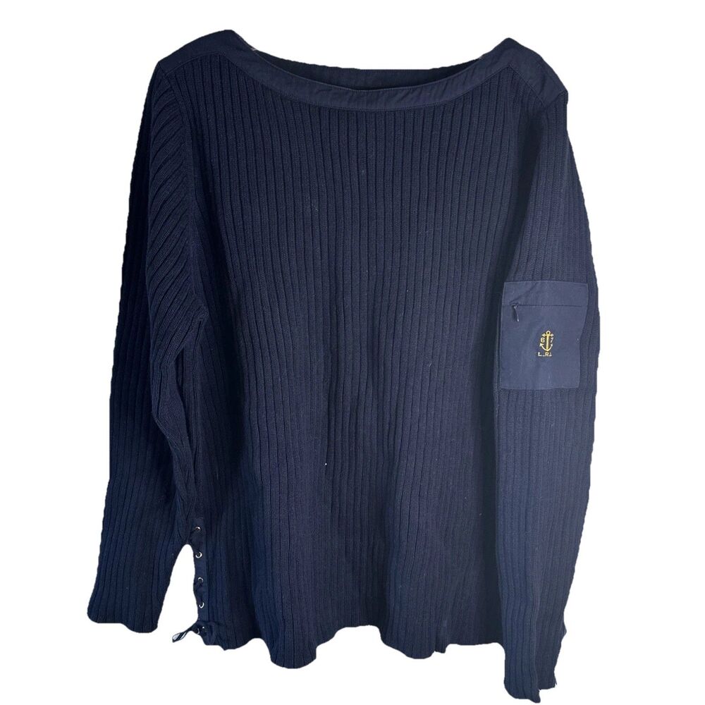 VTG  Lauren‎ Ralph Lauren Sz 2X Boat Neck Sweater Nautical Anchor 100% Cotton